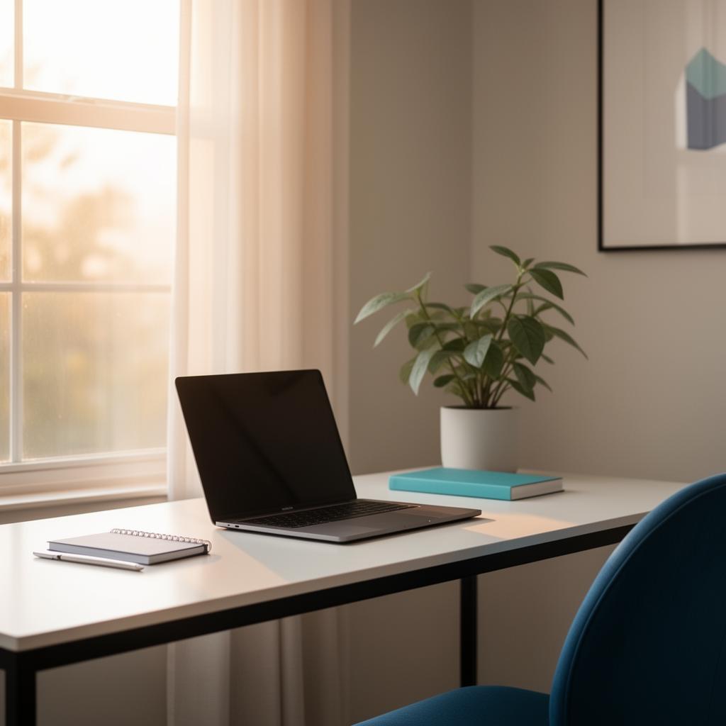 Calm modern home office workspace with laptop and morning light