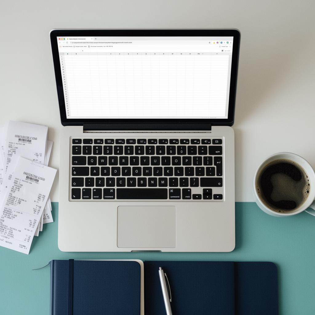 Organized desk with laptop, receipts and notebook for bookkeeping