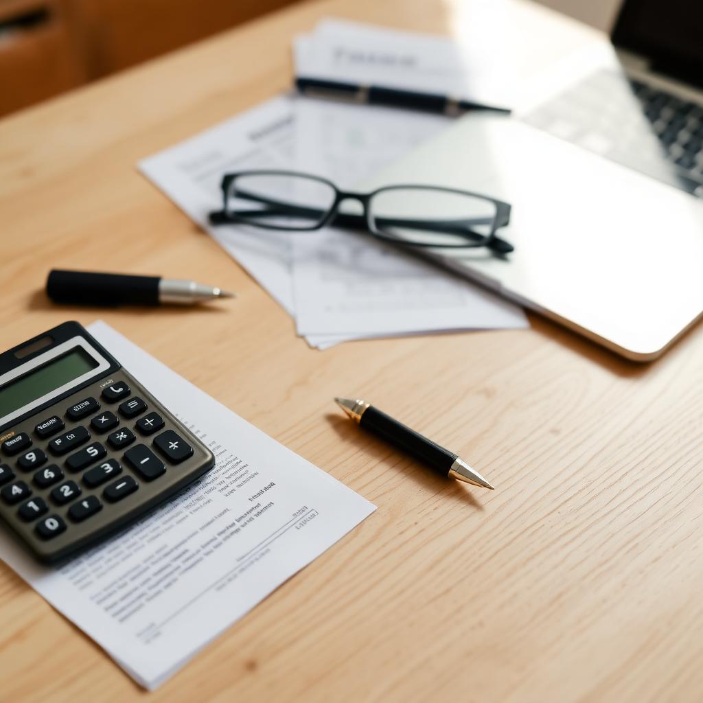 Tax preparation desk with calculator, organized documents and laptop